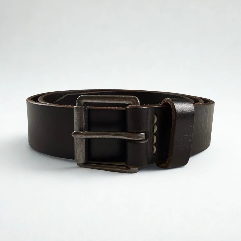 J.Crew Leather Roller Belt Mens 34 Dark Brown Rugged Heritage Stitching Buckle